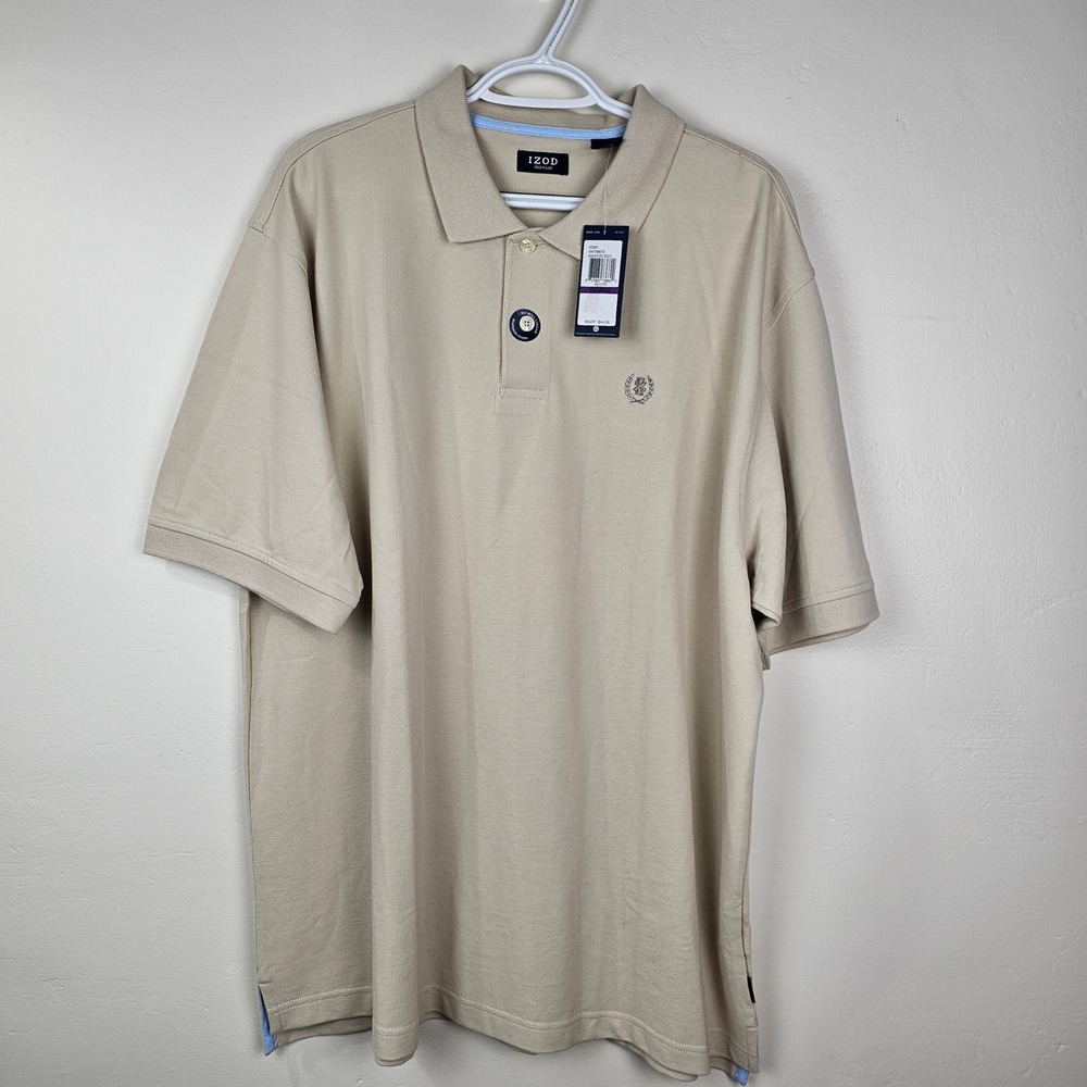 IZOD Polo Shirt Men XXL Beige Peyote Signature Solid Short Sleeve Silkwash Pique